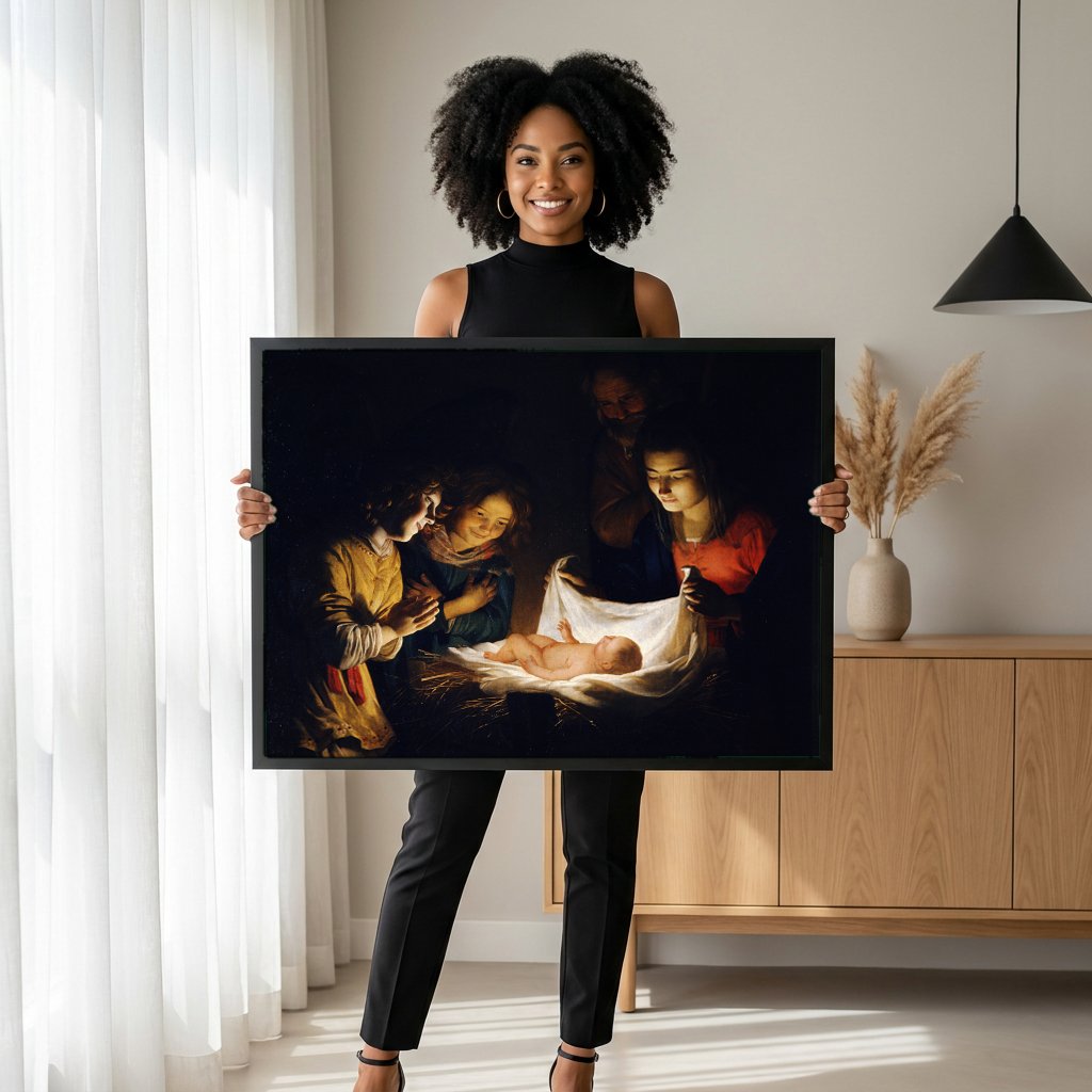 Quadro Decorativo A Adoração dos Pastores - Gerard van Honthorst com modelo em ambiente