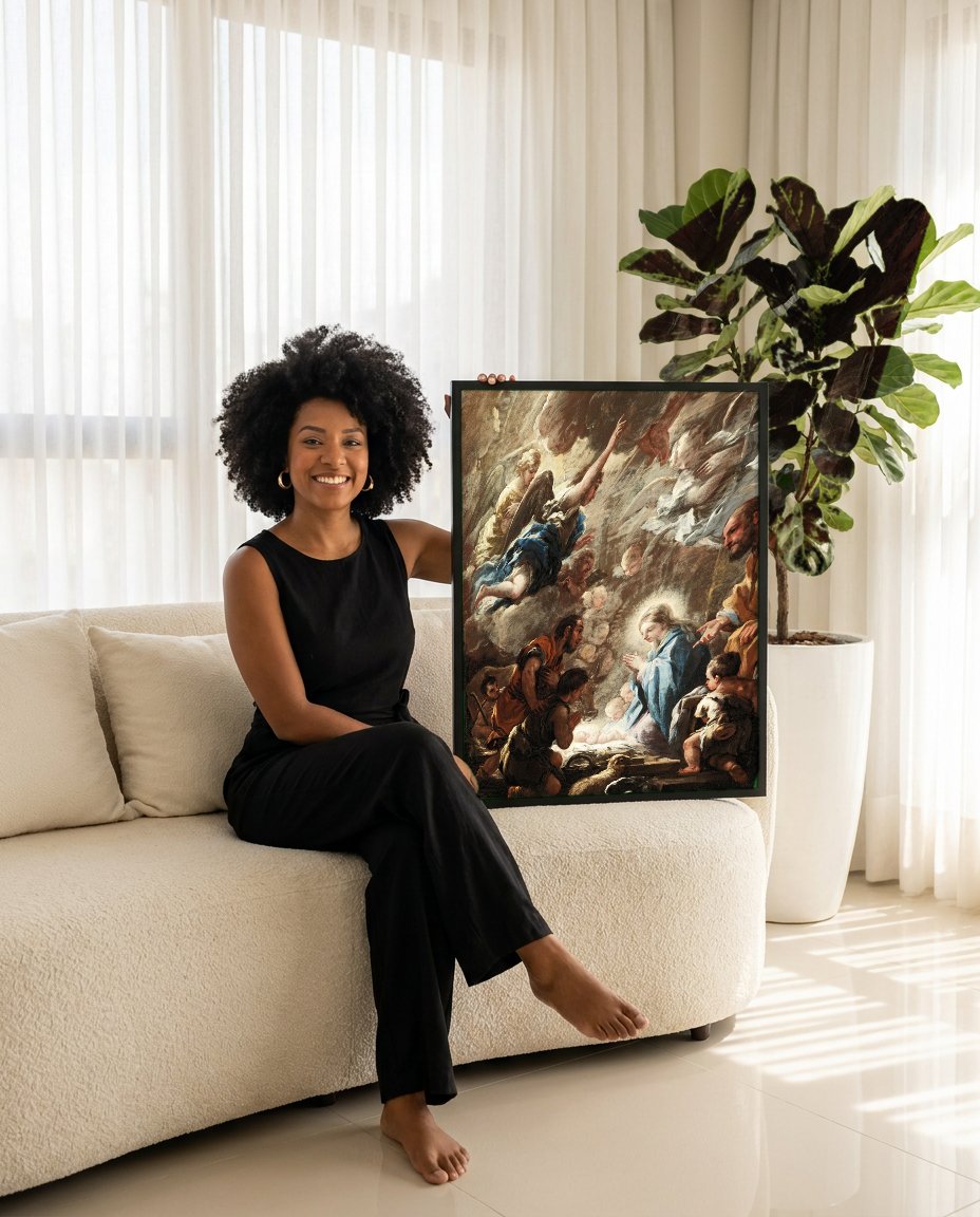 Quadro Decorativo A Adoração dos Pastores - Luca Giordano com modelo em ambiente