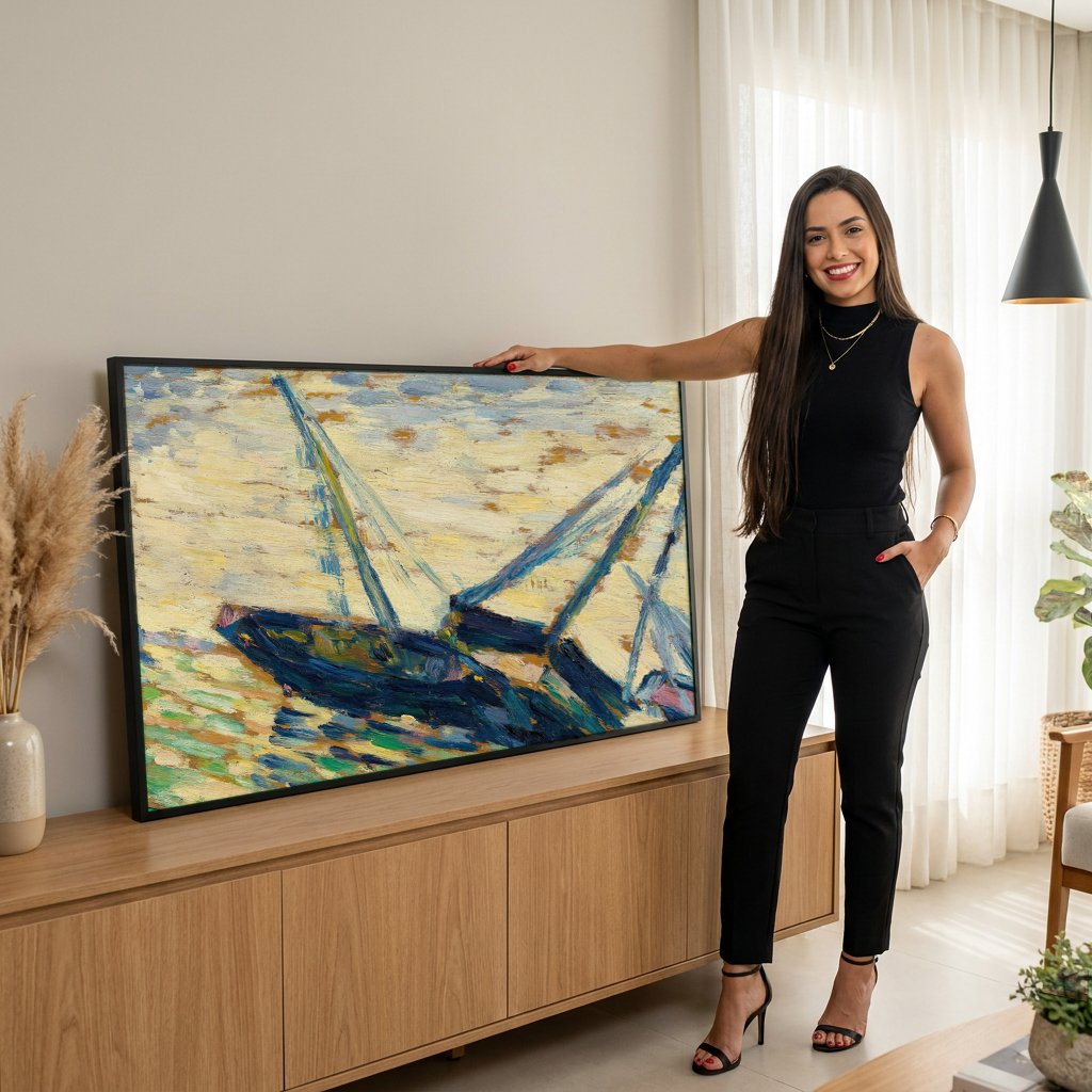 Quadro Decorativo Porto com Barcos - Georges Seurat com modelo em ambiente
