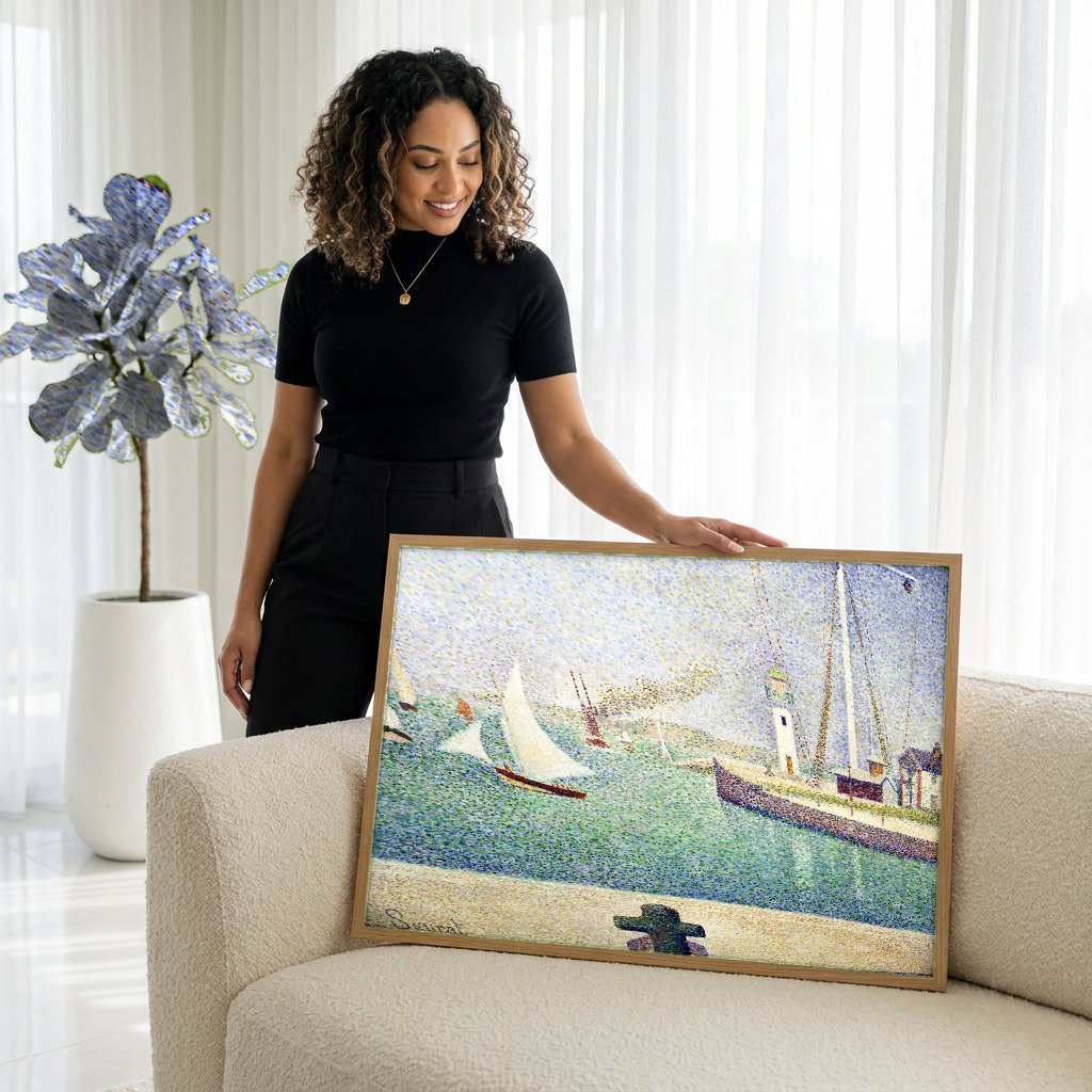 Quadro Decorativo Porto com Barcos - Georges Seurat com modelo em ambiente