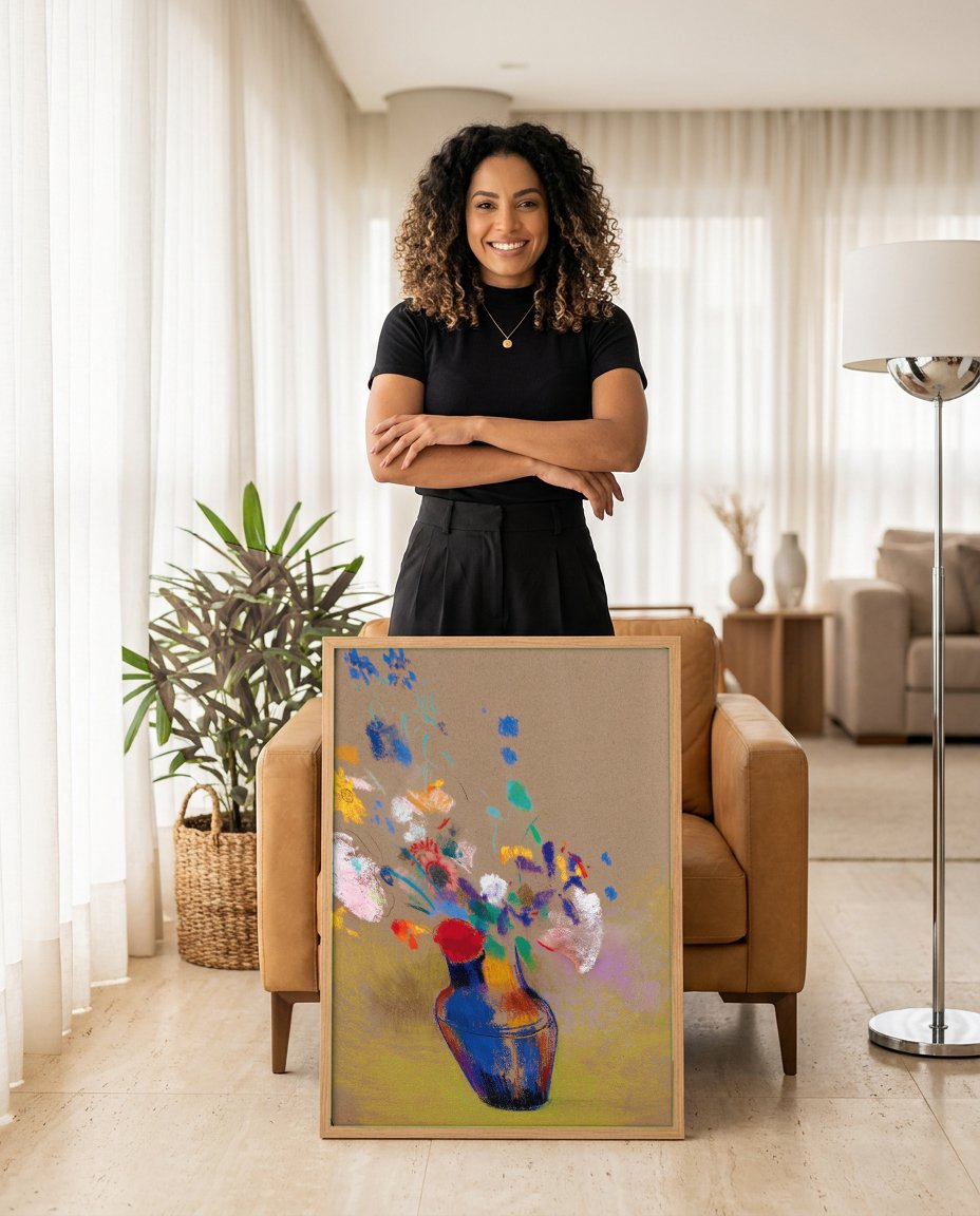 Quadro Decorativo 'Vaso com Flores Coloridas' - Odilon Redon com modelo em ambiente