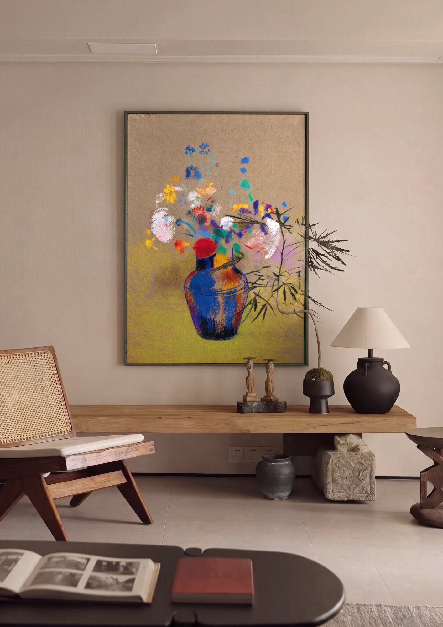 Quadro Decorativo 'Vaso com Flores Coloridas' - Odilon Redon em ambiente decorado