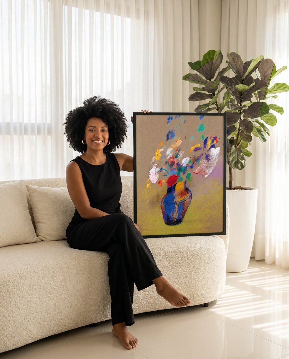 Quadro Decorativo 'Vaso com Flores Coloridas' - Odilon Redon com modelo em ambiente