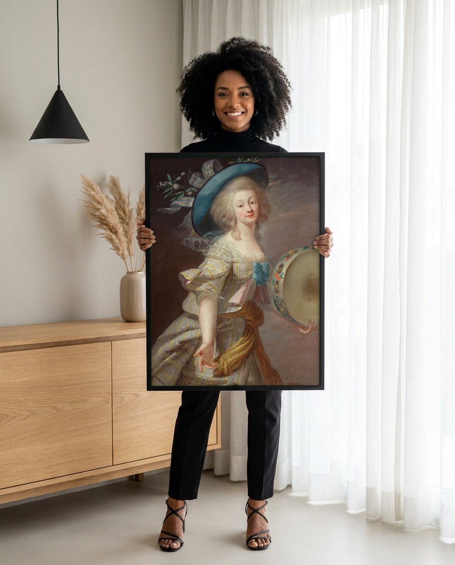 Quadro Decorativo A Mulher com o Tamborim - Vigée Le Brun com modelo em ambiente