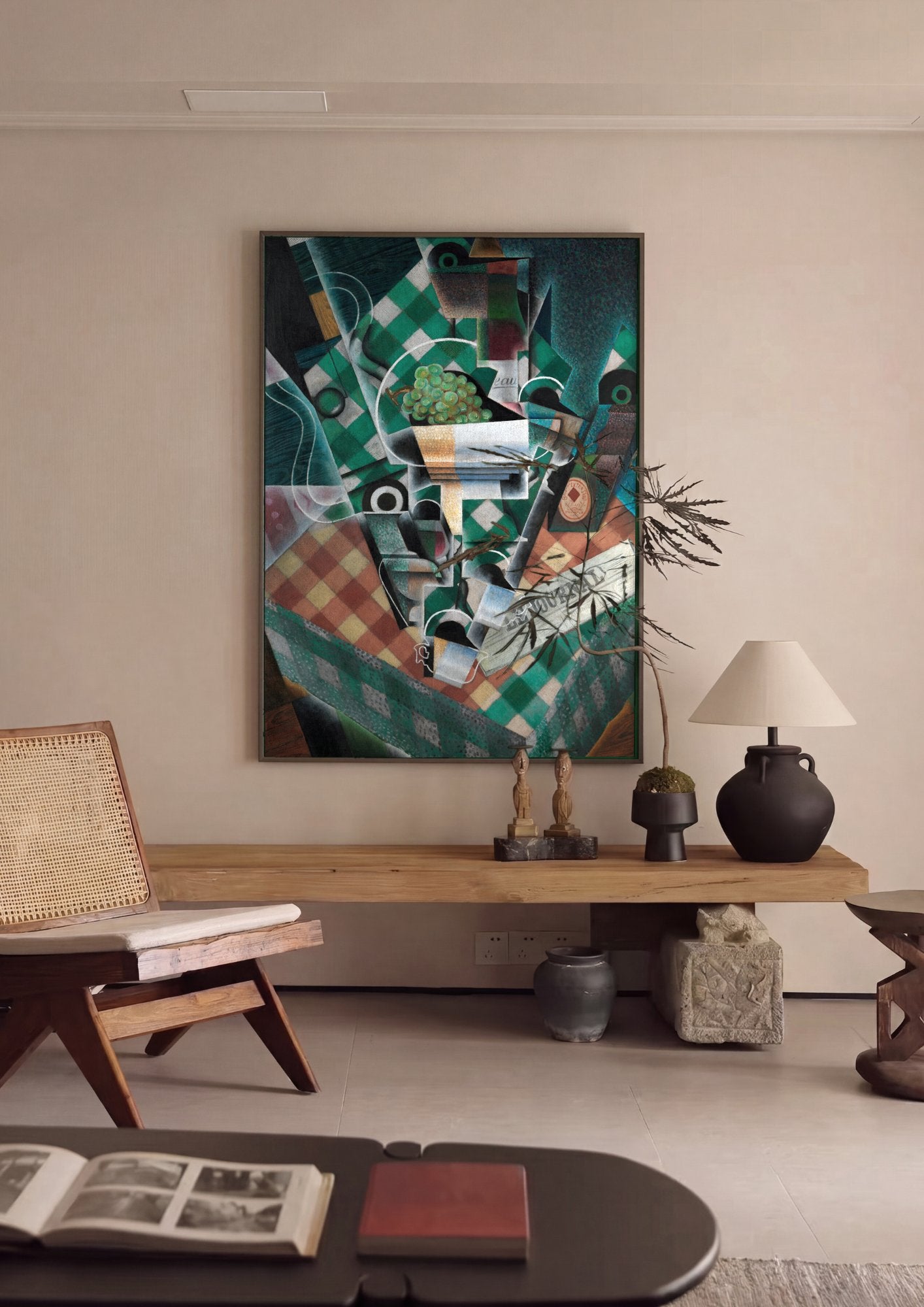 Quadro Decorativo Cesto de Frutas e Jornal - Juan Gris em ambiente decorado