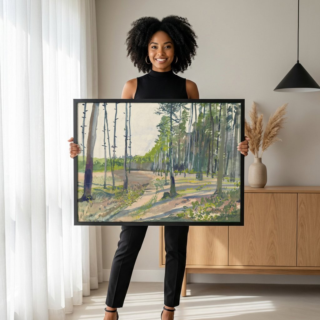 Quadro Decorativo Floresta Ensolarada - Oskar Laske com modelo em ambiente