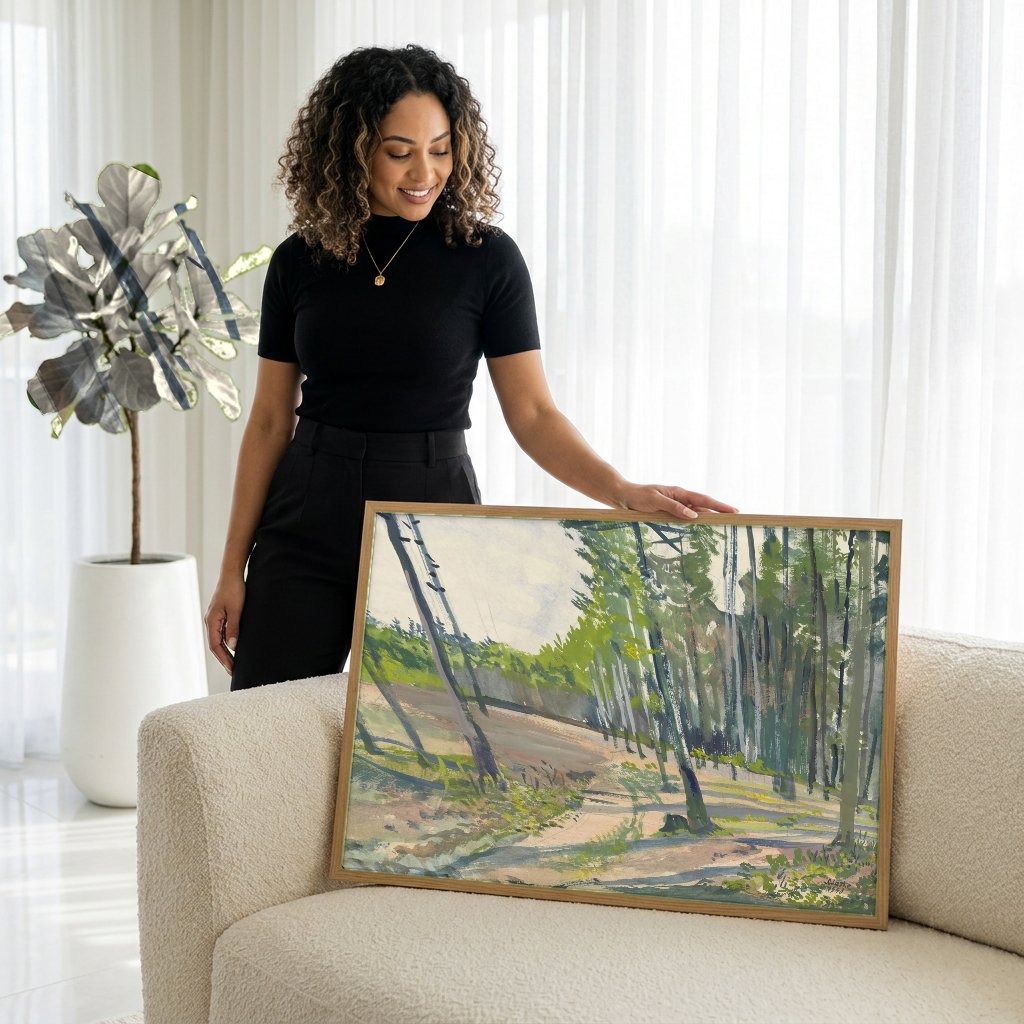 Quadro Decorativo Floresta Ensolarada - Oskar Laske com modelo em ambiente