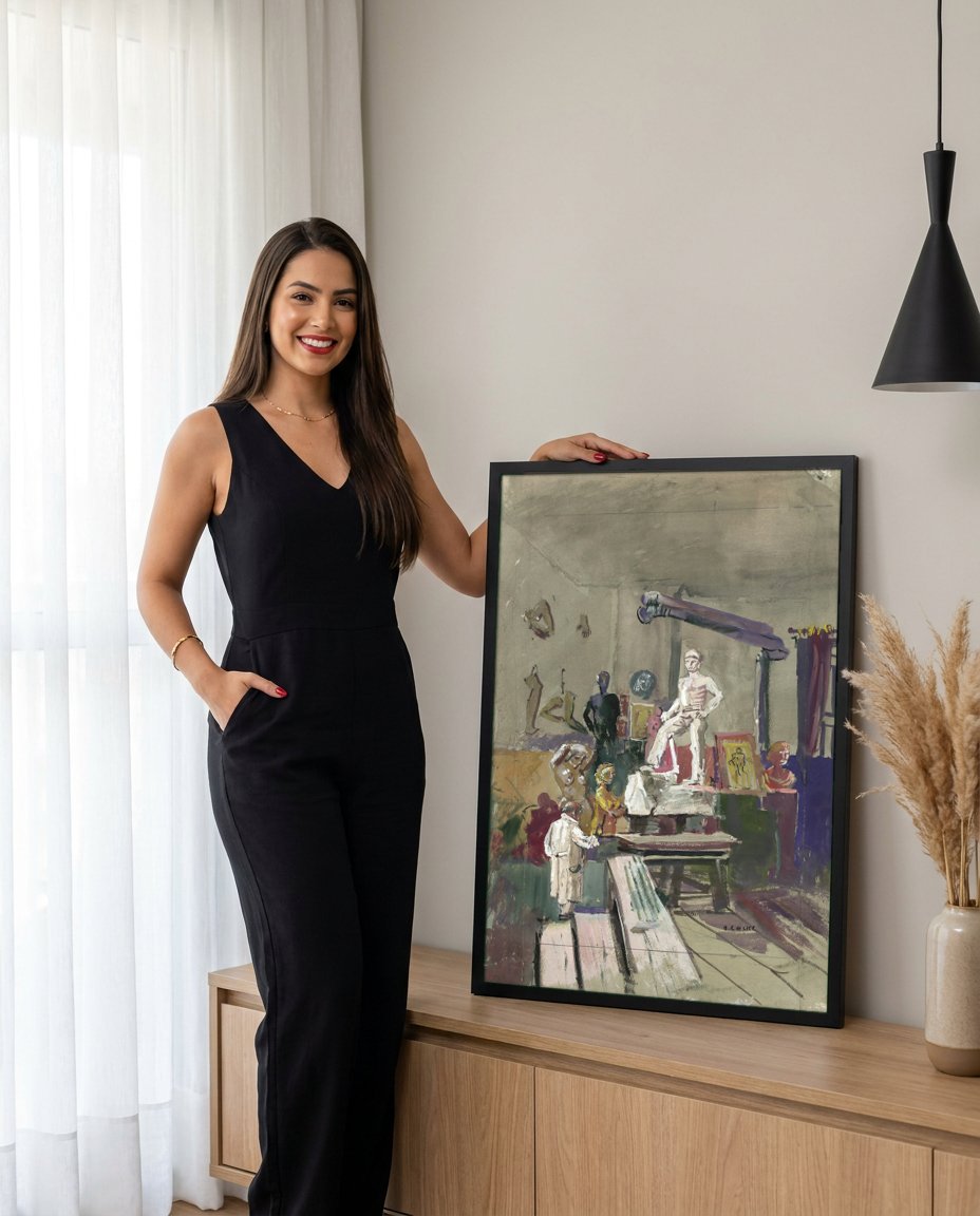 Quadro Decorativo O Ateliê do Artista - Oskar Laske com modelo em ambiente