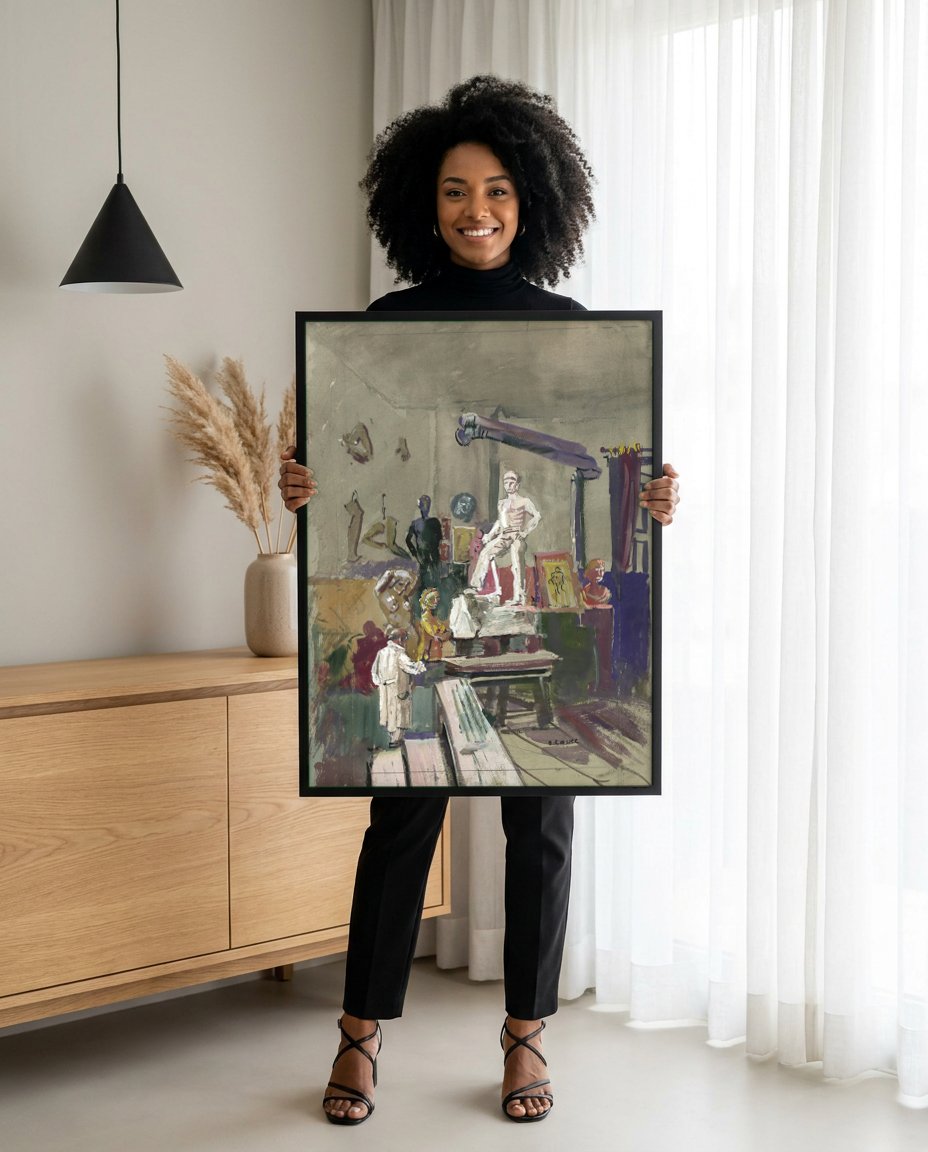 Quadro Decorativo O Ateliê do Artista - Oskar Laske com modelo em ambiente