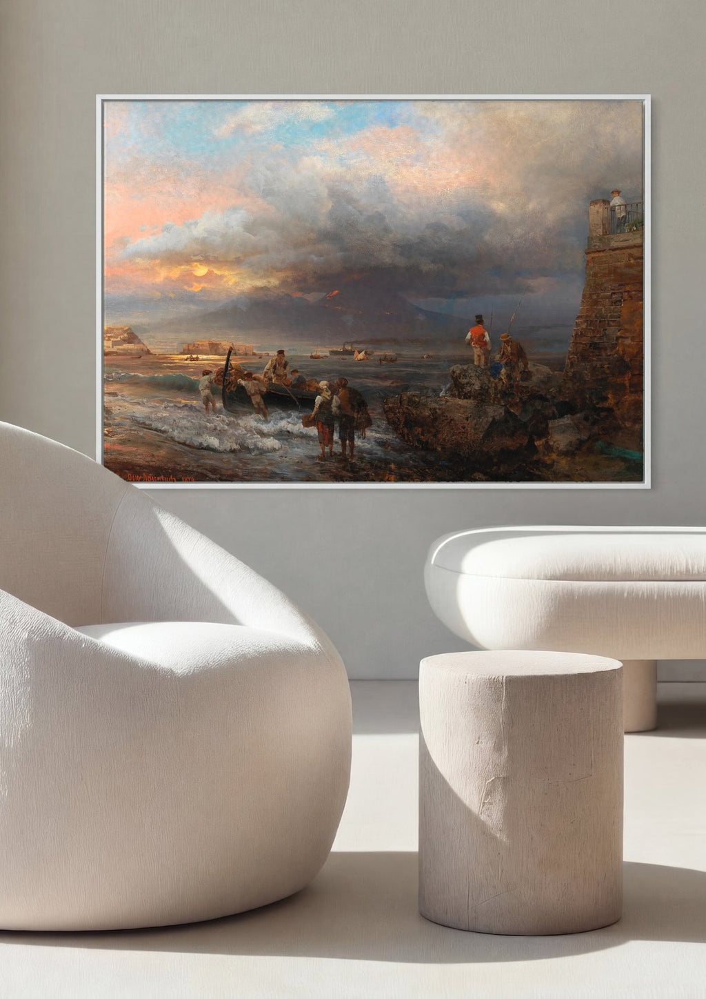 Quadro Decorativo Porto ao Entardecer - Oswald Achenbach em ambiente decorado