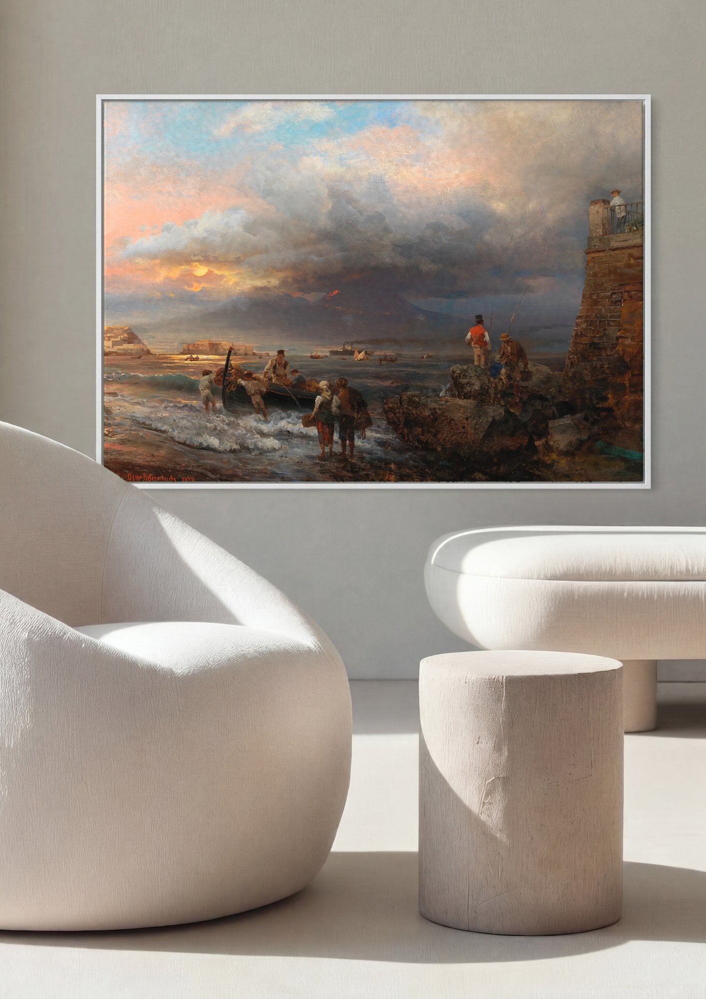 Quadro Decorativo Porto ao Entardecer - Oswald Achenbach em ambiente decorado