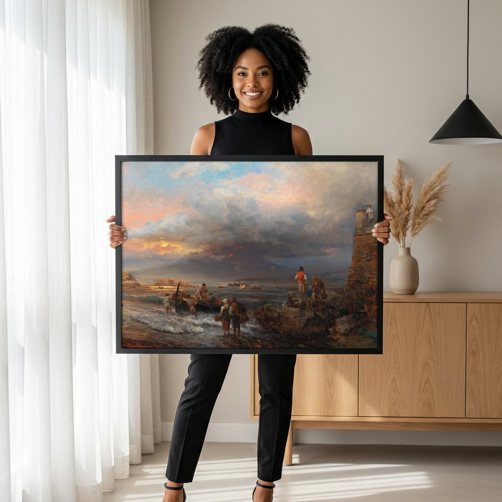 Quadro Decorativo Porto ao Entardecer - Oswald Achenbach com modelo em ambiente