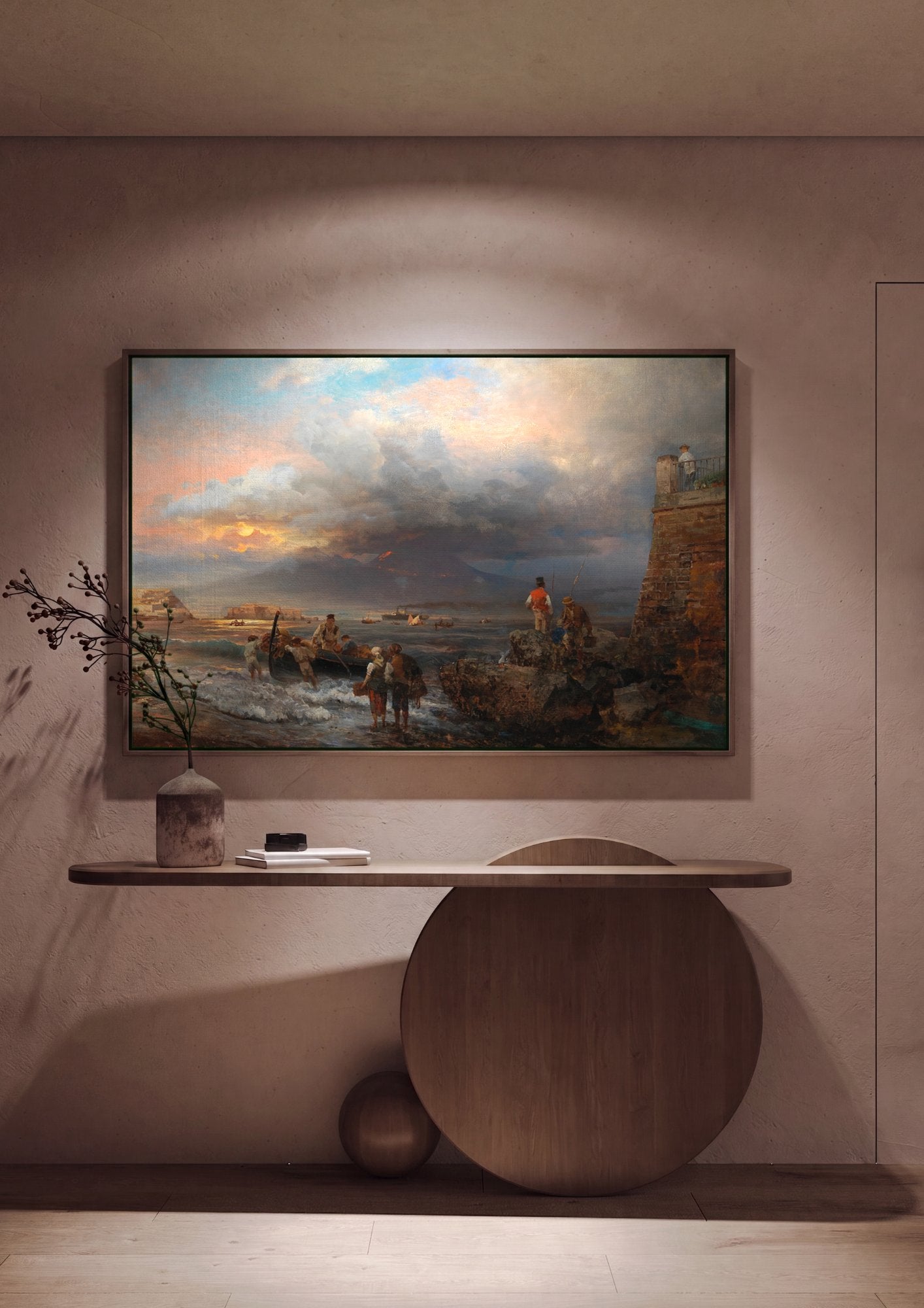 Quadro Decorativo Porto ao Entardecer - Oswald Achenbach em ambiente decorado