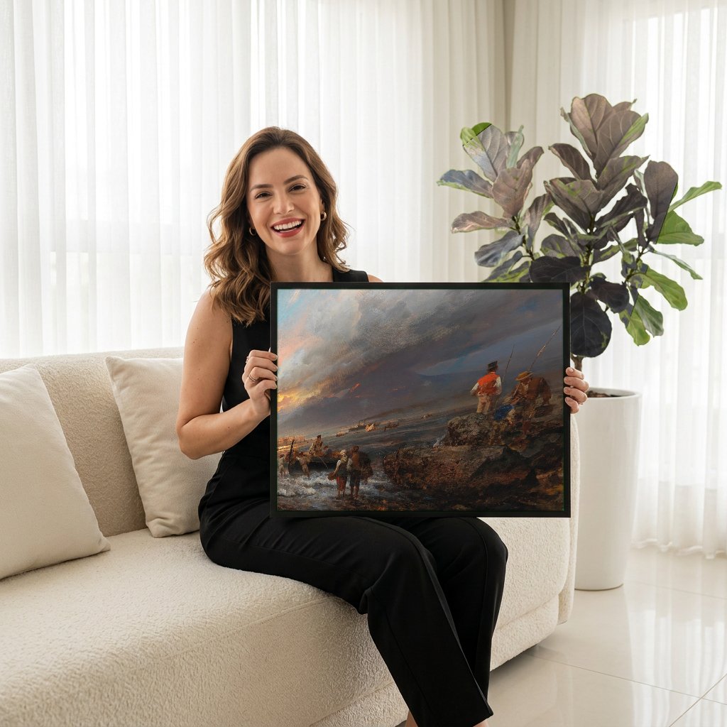 Quadro Decorativo Porto ao Entardecer - Oswald Achenbach com modelo em ambiente