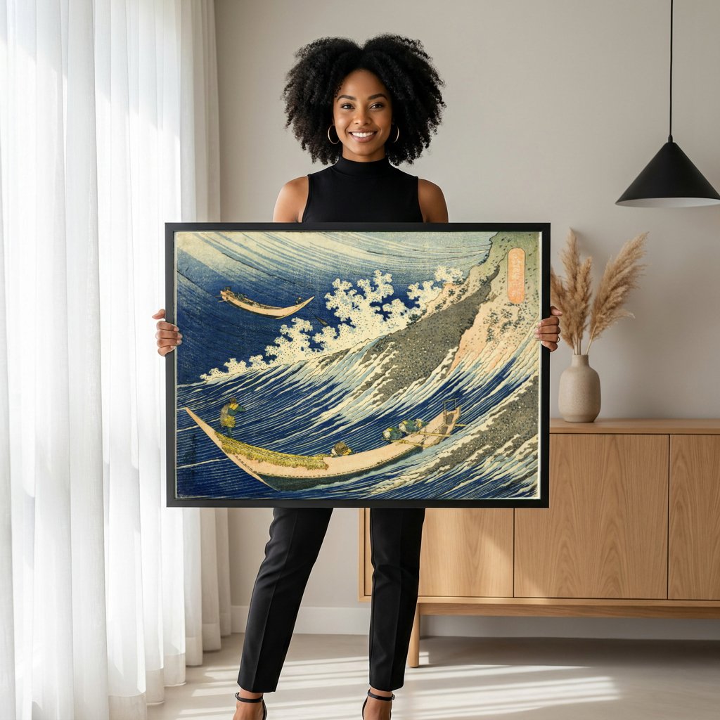 Quadro Decorativo O Mar Agitado em Choshi - Katsushika Hokusai com modelo em ambiente