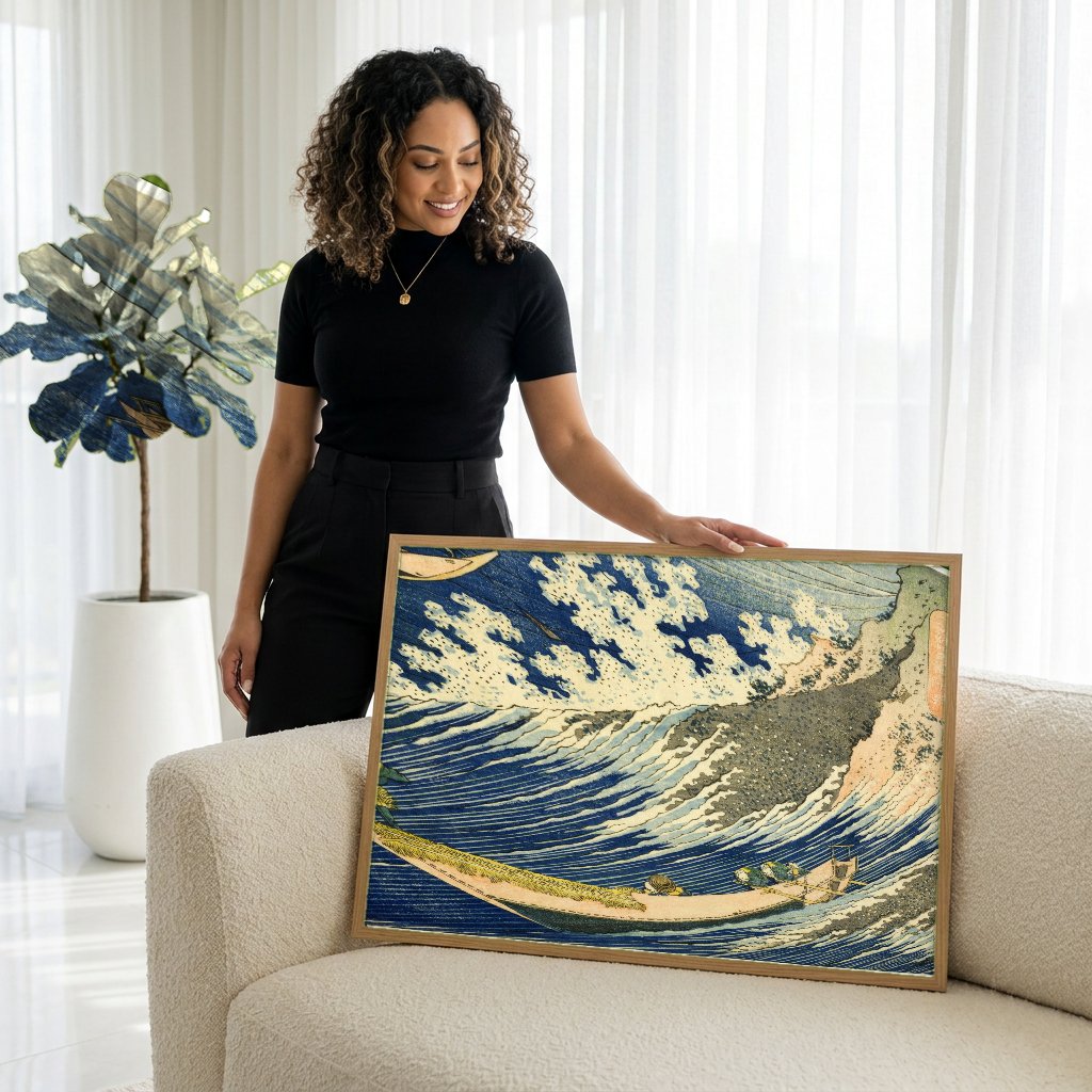 Quadro Decorativo O Mar Agitado em Choshi - Katsushika Hokusai com modelo em ambiente