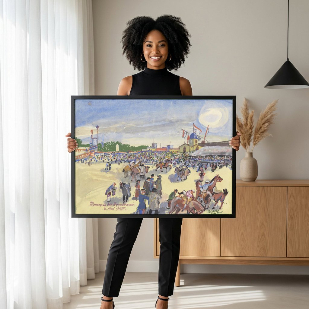 Quadro Decorativo Corrida de Cavalos - Oskar Laske com modelo em ambiente