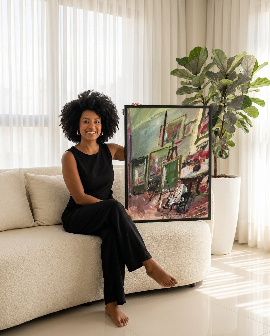 Quadro Decorativo 'Atelier do Artista' - Oskar Laske com modelo em ambiente