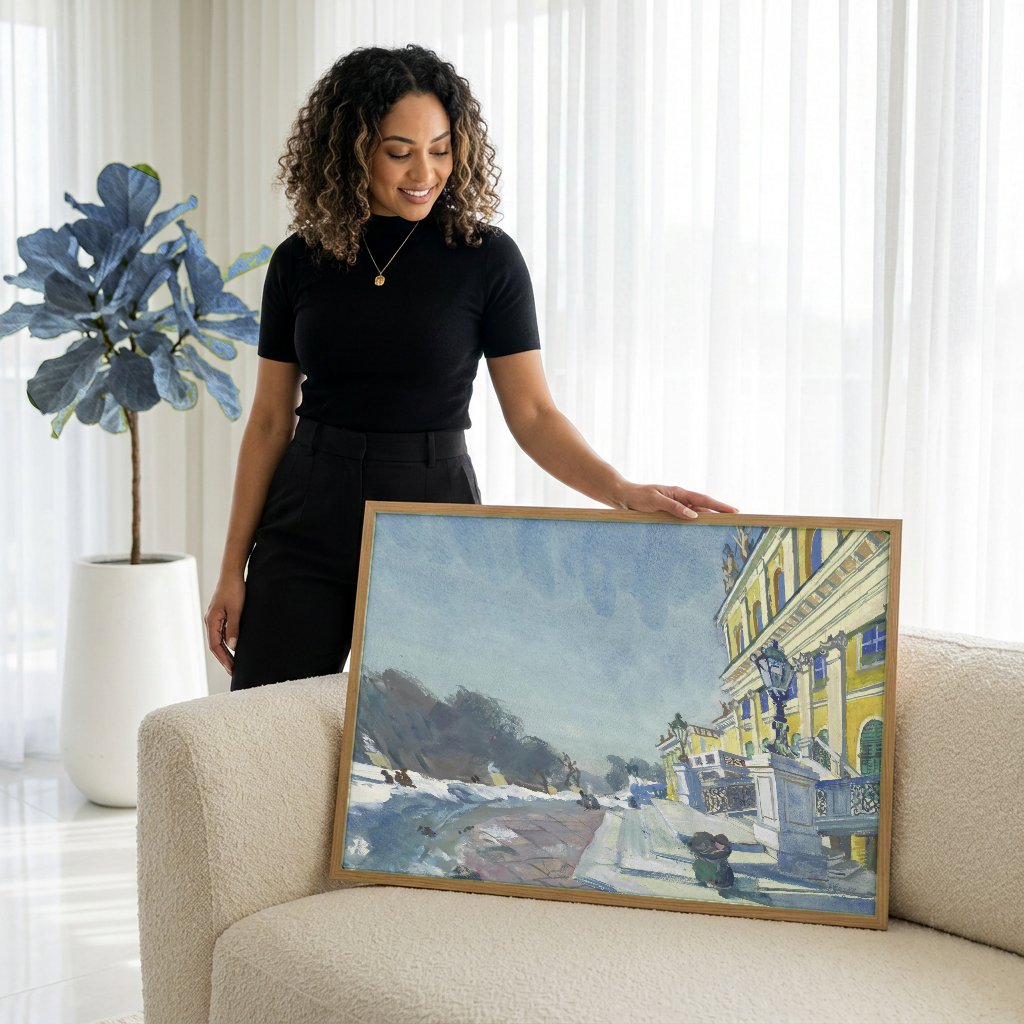 Quadro Decorativo Inverno no Palácio - Oskar Laske com modelo em ambiente