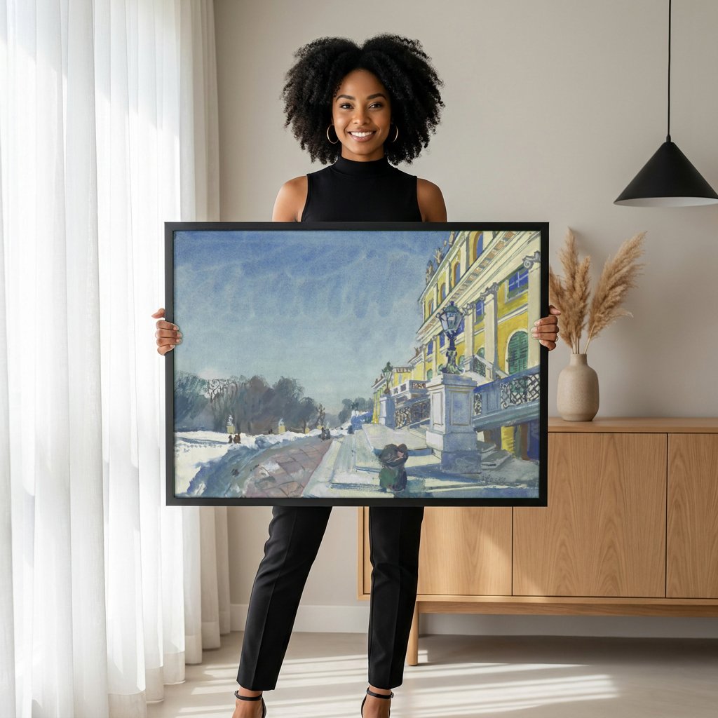 Quadro Decorativo Inverno no Palácio - Oskar Laske com modelo em ambiente