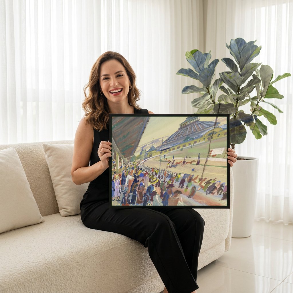 Quadro Decorativo Corrida de Cavalos – Oskar Laske com modelo em ambiente
