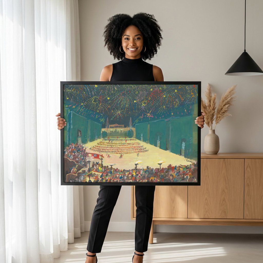 Quadro Decorativo Celebração Noturna - Oskar Laske com modelo em ambiente