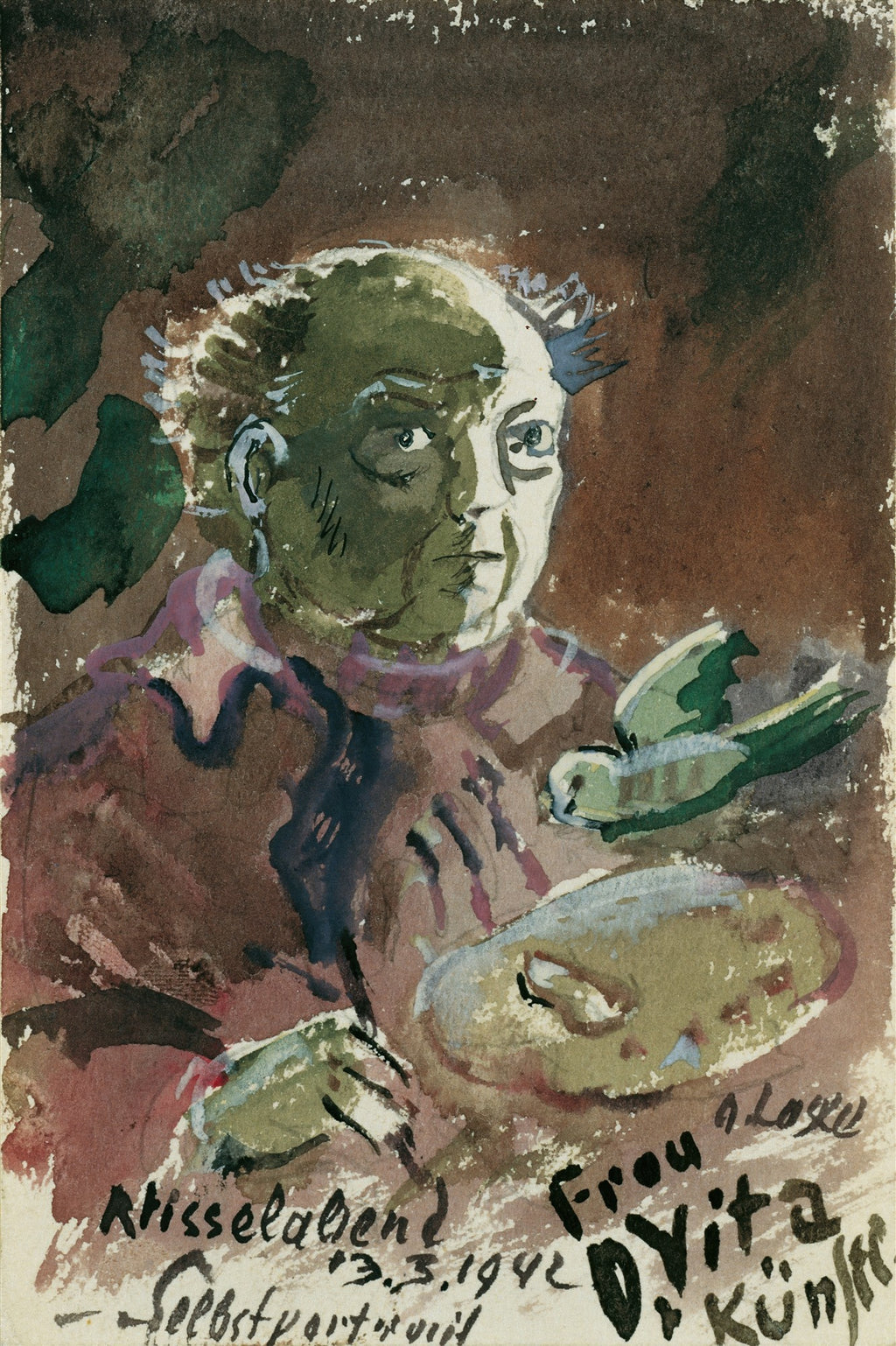 Autorretrato do artista Oskar Laske, com o rosto parcialmente sombreado em tons de verde e marrom, segurando uma paleta e um pincel, com um pequeno pássaro verde em sua mão, em aquarela e guache.