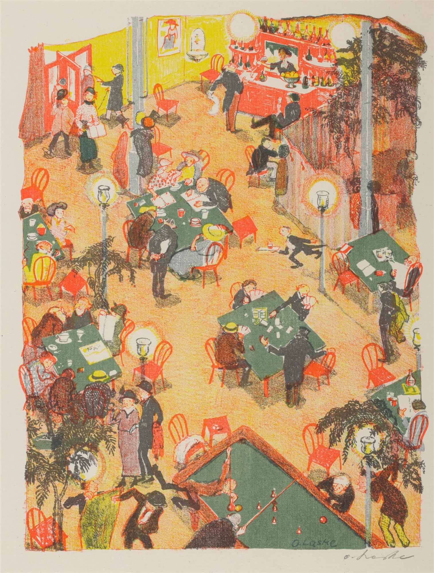 Uma litografia colorida vibrante de Oskar Laske, mostrando uma cena agitada dentro de um café ou bar, com pessoas jogando cartas, bilhar e interagindo. Cores quentes de amarelo e laranja dominam o fundo, com detalhes em verde e vermelho nas mesas e cadeiras. Há uma atmosfera de lazer e socialização, com luzes penduradas e um bar movimentado.