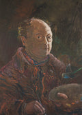 Autorretrato a óleo de Oskar Laske, um homem de meia-idade com cabelo ralo e olhar intenso, segurando um pincel e uma paleta, com um periquito azul e verde voando perto. As cores são terrosas e expressivas, típicas da pintura de Laske.