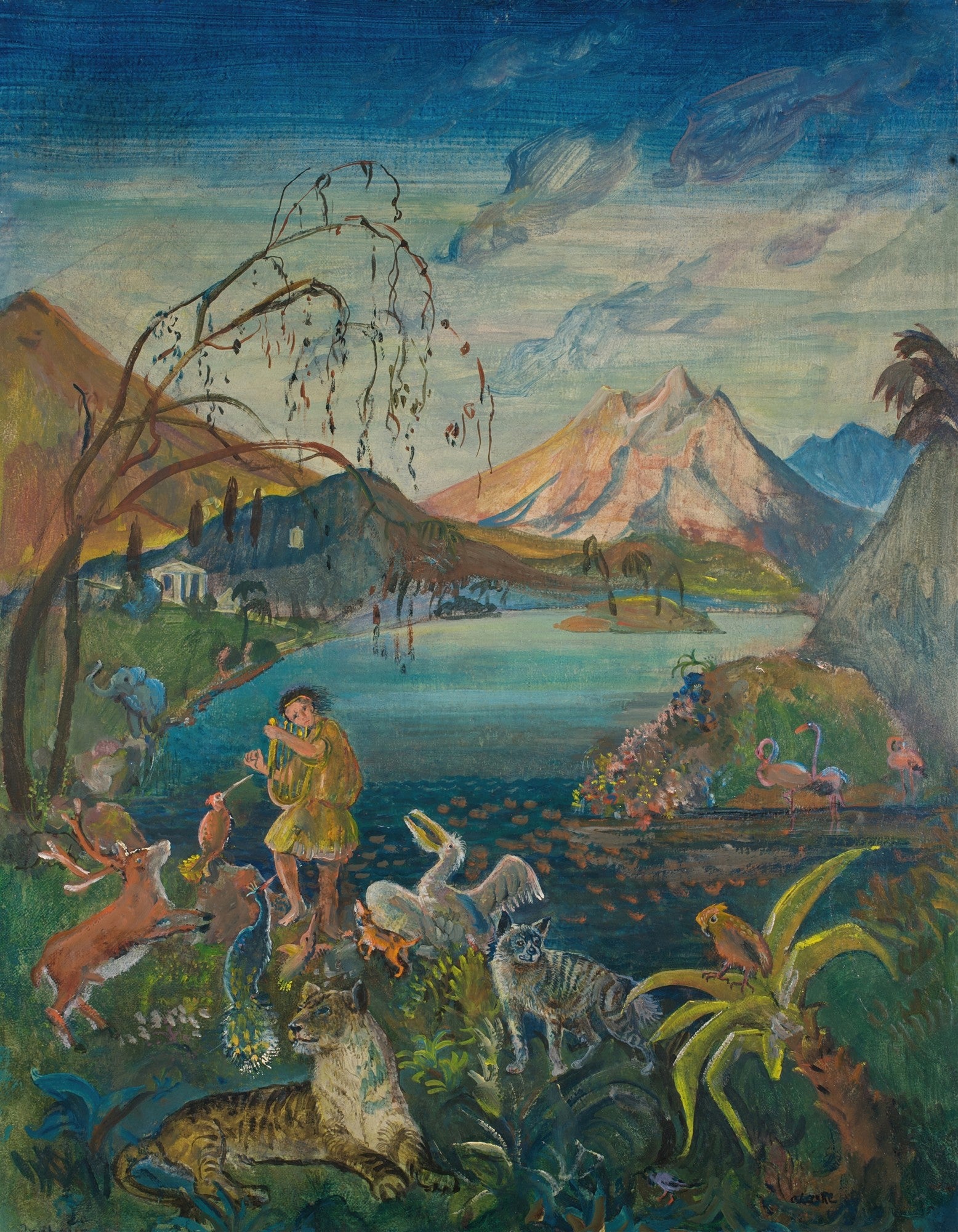 Quadro decorativo "A Idade de Ouro" de Oskar Laske. Cena idílica com um jovem tocando flauta cercado por diversos animais como veados, pelicanos, gatos e flamingos, em uma paisagem montanhosa com lago e céu azul.