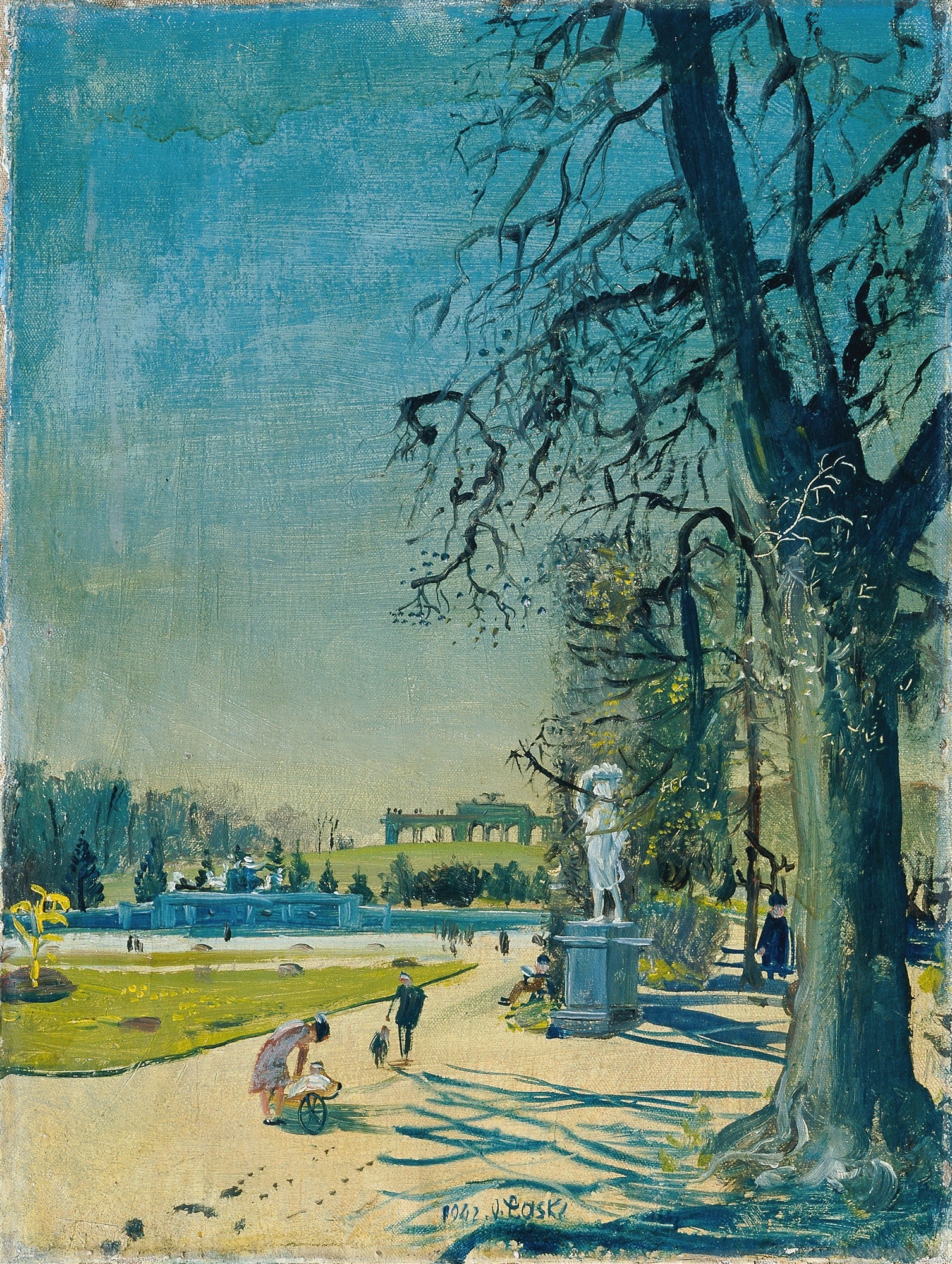 Pintura de Oskar Laske de um parque com uma grande árvore no lado direito, figuras caminhando em um caminho, uma estátua e um edifício ao fundo. Cores vibrantes de azul e verde com tons terrosos.