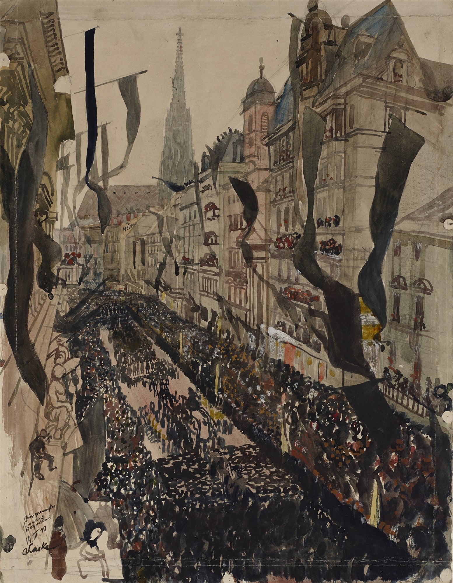Impressão fine art de 'Demonstração' de Oskar Laske, mostrando uma rua europeia lotada com uma multidão, edifícios altos e bandeiras escuras esvoaçantes, com uma torre de igreja ao fundo. A obra apresenta tons terrosos e escuros com detalhes em aquarela.