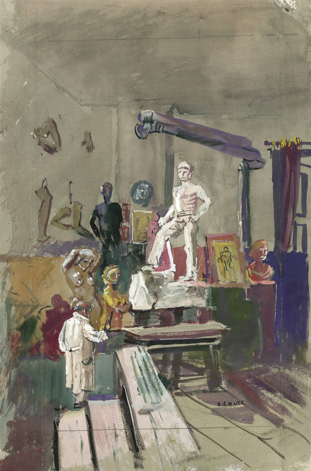Quadro decorativo mostrando um ateliê de artista com figuras humanas, estátuas, bustos e telas, em tons de cinza, marrom e roxo, atribuído a Oskar Laske.