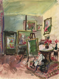 Aquarela e guache de Oskar Laske de 1942, representando um homem sentado em um atelier com cavaletes, quadros e uma mesa com flores. A cena é vibrante e cheia de cor.