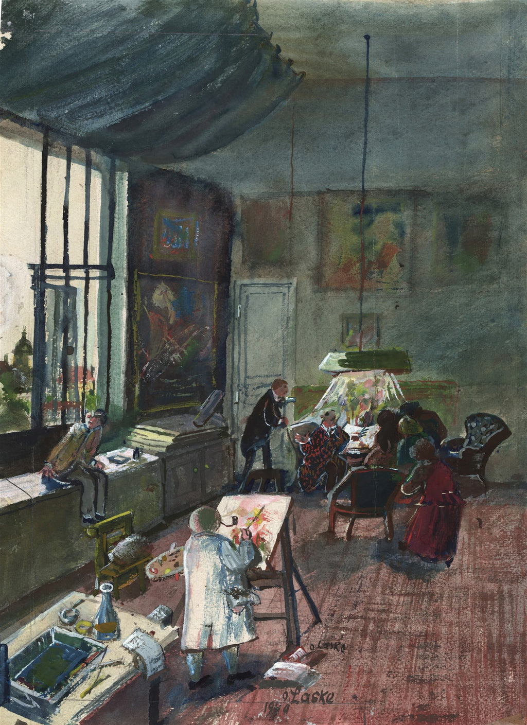 Quadro 'Atelier do Pintor' de Oskar Laske, mostrando um estúdio de arte movimentado com um pintor em primeiro plano e outras figuras interagindo, com uma grande janela à esquerda e quadros nas paredes.