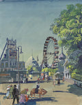 Quadro decorativo com cena de parque de diversoes, roda-gigante e pessoas passeando, em estilo aquarela e guache, por Oskar Laske. Predominam tons de azul, verde e terra.