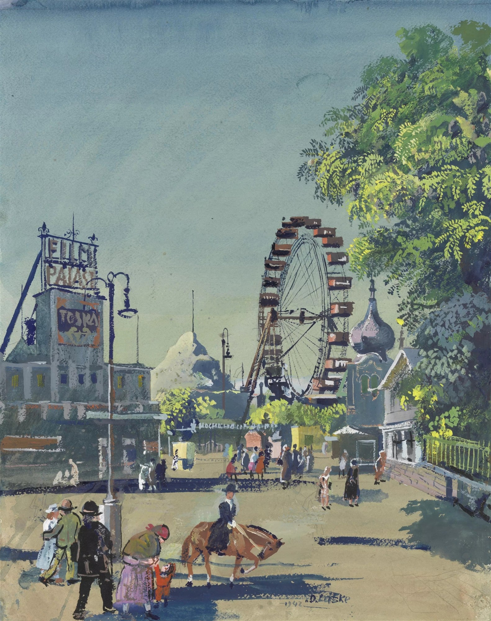 Quadro decorativo com cena de parque de diversoes, roda-gigante e pessoas passeando, em estilo aquarela e guache, por Oskar Laske. Predominam tons de azul, verde e terra.