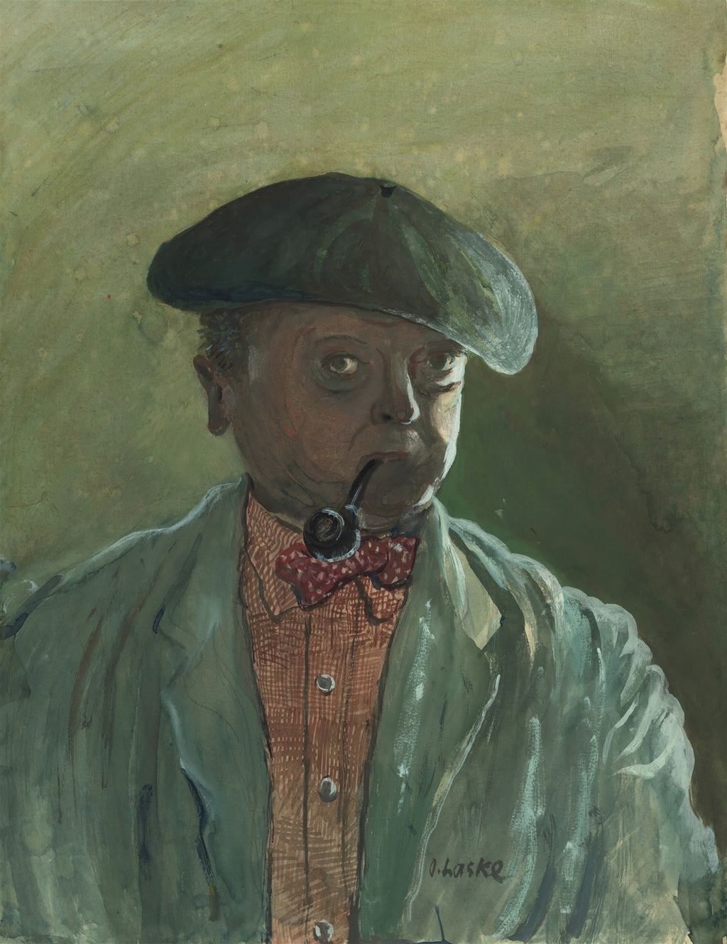 Autorretrato de Oskar Laske com chapéu tipo boina e cachimbo, em tons de verde, marrom e vermelho.