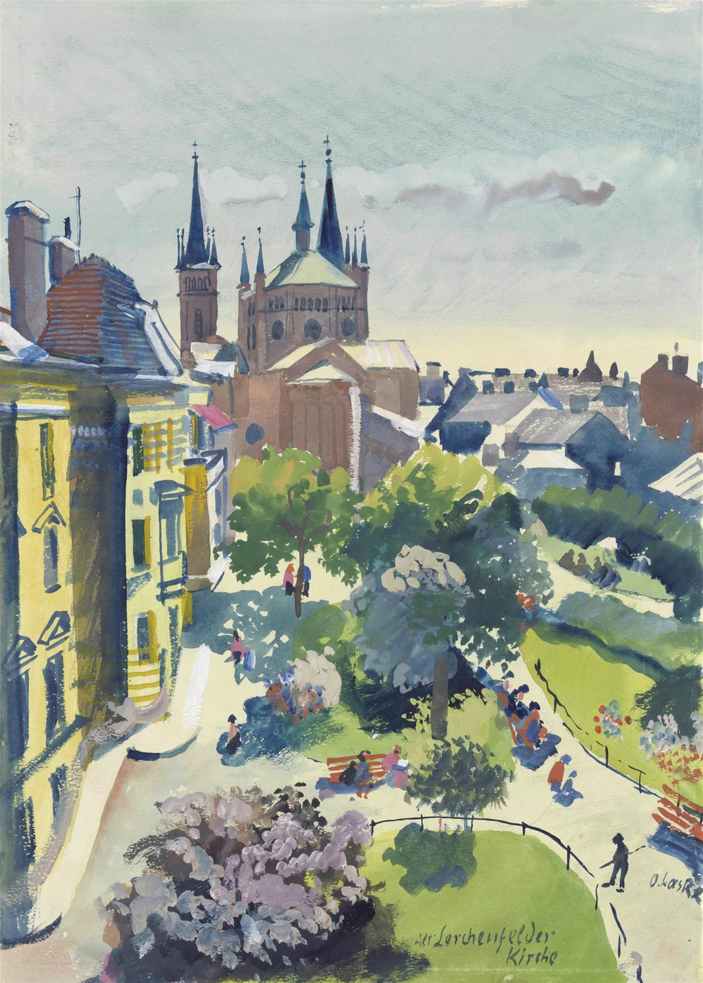Quadro decorativo com vista aérea de um parque com pessoas sentadas, edifícios antigos e uma grande igreja com torres pontiagudas ao fundo, em tons de verde, azul e ocre.