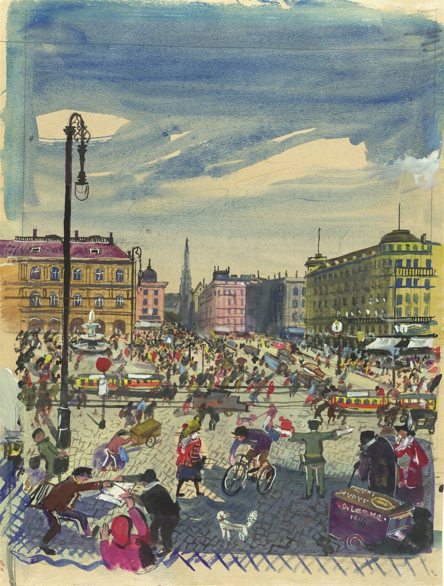 Quadro decorativo mostrando uma cena urbana movimentada de Oskar Laske, com edifícios históricos, uma multidão de pessoas, bondes, bicicletas e um dia nublado.