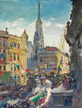 Pintura de uma rua movimentada em Viena com uma parada festiva, balões coloridos, uma grande multidão e um carro alegórico com uma figura gigante. A torre da Catedral de Santo Estêvão se eleva ao fundo. A assinatura de Oskar Laske e a data 1939 estão visíveis no canto inferior direito.