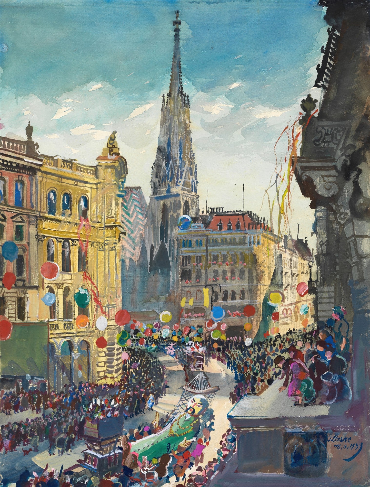 Pintura de uma rua movimentada em Viena com uma parada festiva, balões coloridos, uma grande multidão e um carro alegórico com uma figura gigante. A torre da Catedral de Santo Estêvão se eleva ao fundo. A assinatura de Oskar Laske e a data 1939 estão visíveis no canto inferior direito.