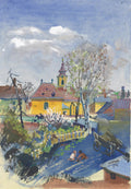 Pintura de Oskar Laske intitulada 'Paisagem com Igreja e Crianças', mostrando uma igreja amarela com telhado vermelho, árvores floridas, e duas crianças brincando em primeiro plano, com um céu azul e nuvens brancas. A assinatura do artista e a data '1946' estão visíveis no canto inferior direito.