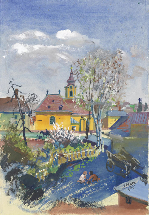 Pintura de Oskar Laske intitulada 'Paisagem com Igreja e Crianças', mostrando uma igreja amarela com telhado vermelho, árvores floridas, e duas crianças brincando em primeiro plano, com um céu azul e nuvens brancas. A assinatura do artista e a data '1946' estão visíveis no canto inferior direito.