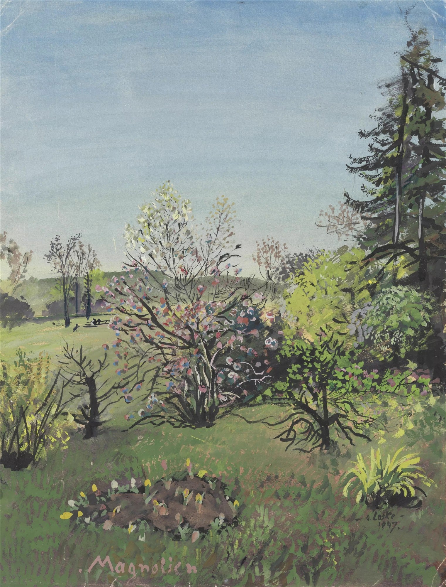 Pintura 'Magnolien' de Oskar Laske, mostrando um jardim verdejante com árvores em flor e arbustos, sob um céu azul claro.
