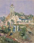 Pintura em aquarela de Oskar Laske, mostrando uma igreja com torre alta, casas adjacentes e um cemitério com lápides e cruzes em primeiro plano, rodeado por vegetação em tons de verde, marrom e roxo claro no céu.