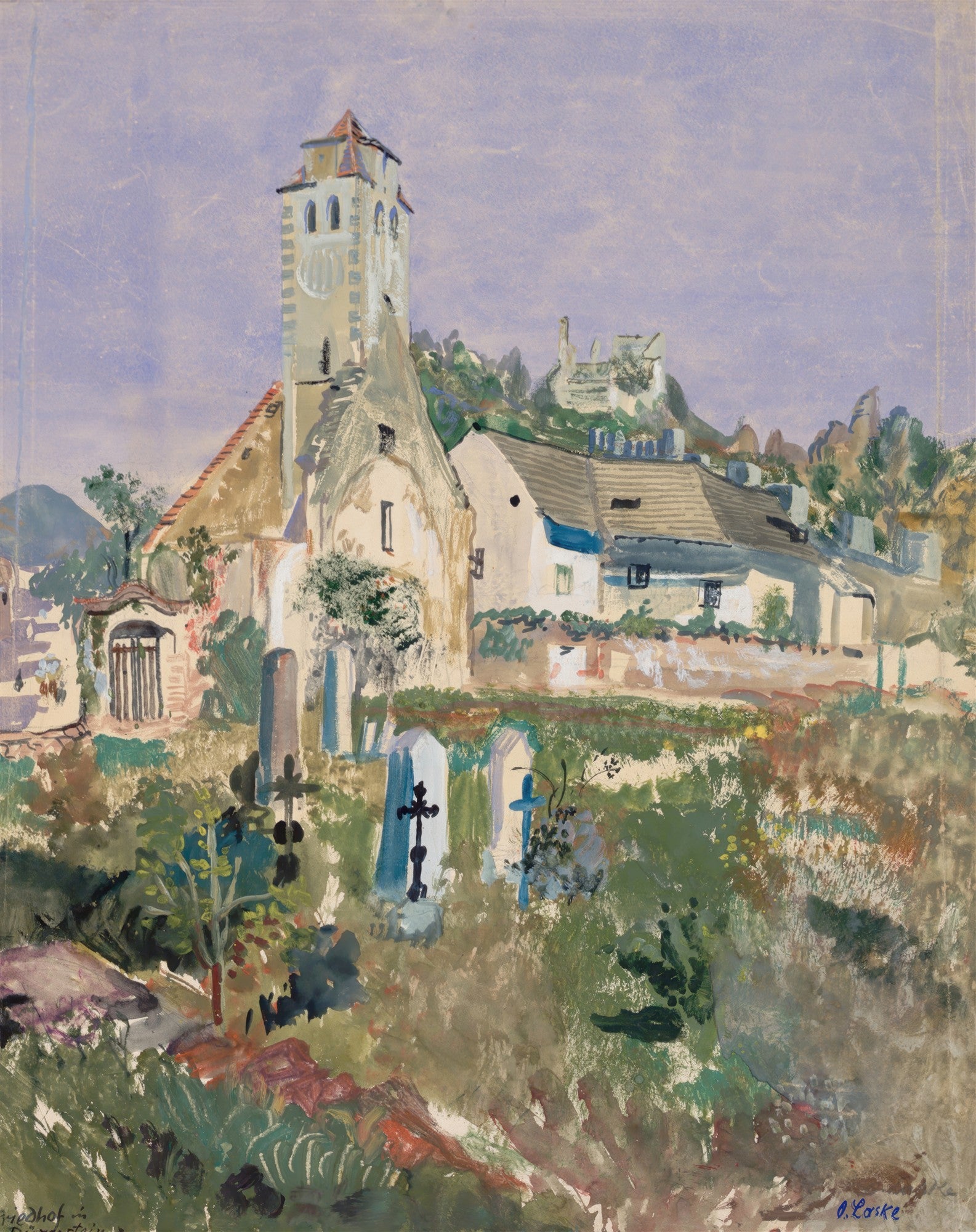 Pintura em aquarela de Oskar Laske, mostrando uma igreja com torre alta, casas adjacentes e um cemitério com lápides e cruzes em primeiro plano, rodeado por vegetação em tons de verde, marrom e roxo claro no céu.