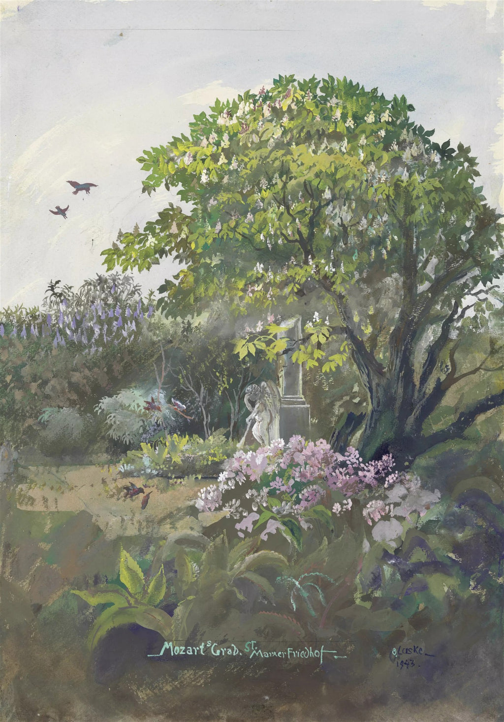 Pintura de um cemitério com uma grande árvore florida no centro, um túmulo com uma estátua de anjo e pássaros voando no céu claro. Assinado 'O. Laske 1943' e 'Mozart's Grab. St. Marxer Friedhof'.