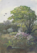 Pintura de um cemitério com uma grande árvore florida no centro, um túmulo com uma estátua de anjo e pássaros voando no céu claro. Assinado 'O. Laske 1943' e 'Mozart's Grab. St. Marxer Friedhof'.