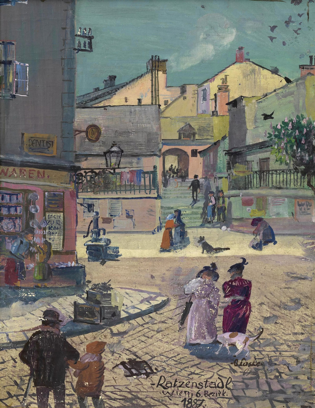 Quadro decorativo mostrando uma cena de rua movimentada em Viena, com edifícios de arquitetura antiga, pessoas caminhando e um dentista em primeiro plano, em estilo pós-impressionista.